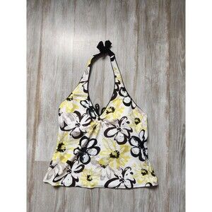 VTG Y2K Silhouette Solutions Tankini Top Black Yellow White Floral Halter Sz 14